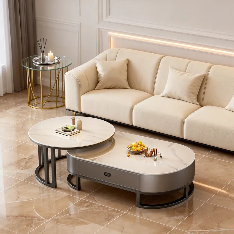 新疆包邮岩板茶几客厅家用轻奢现代简约茶桌椭圆网红小户型茶几电