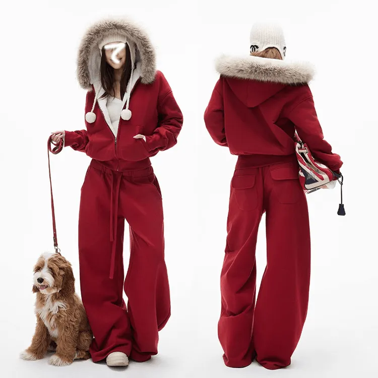 流光风新年高级感毛领拉链连帽外套+休闲拖地弯刀卫裤加绒套装女