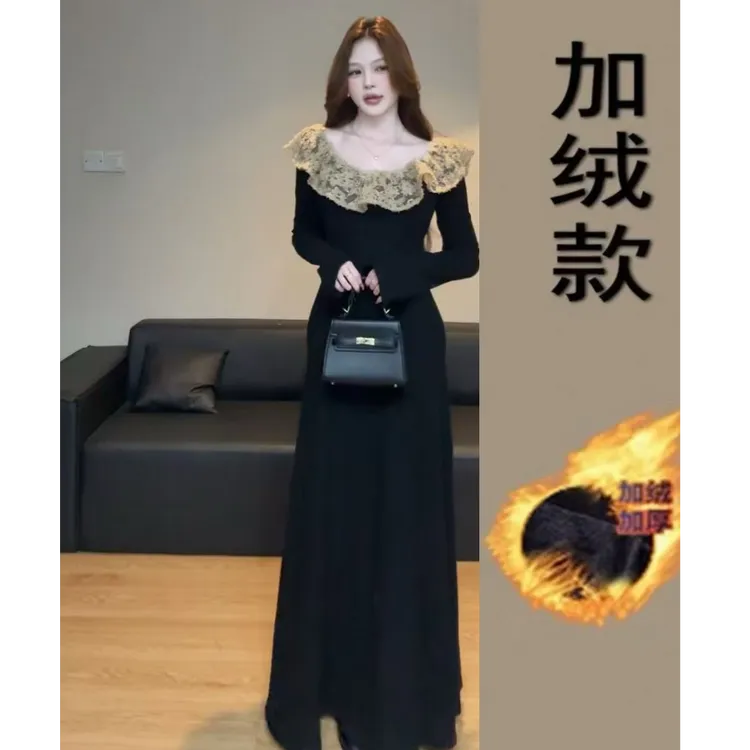 原版面料法式赫本风黑色长袖针织连衣裙 2025秋冬蕾丝拼接长裙