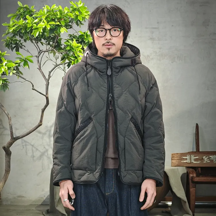 北纬三十度男士秋冬痞帅复古户外通勤休闲葫芦纹外穿连帽羽绒服