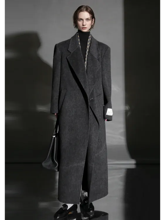 简创-极简ROW风宽肩一粒扣大衣女双面呢外套中长款PI25A0040