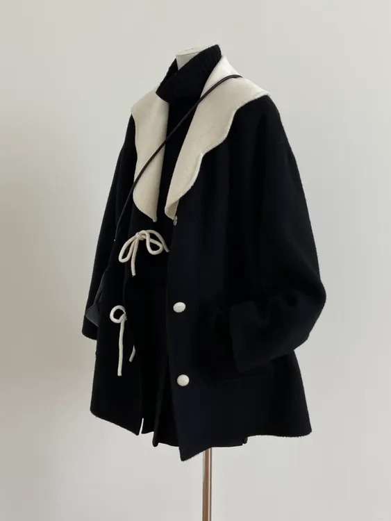 2025冬季新款韩系高级感高领针织上衣系带黑色毛呢大衣气质两件套