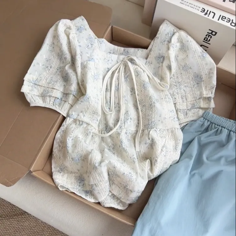 【现货】AMI.FS 2025夏季韩系蕾丝小碎花法式系带短袖衬衫女上衣