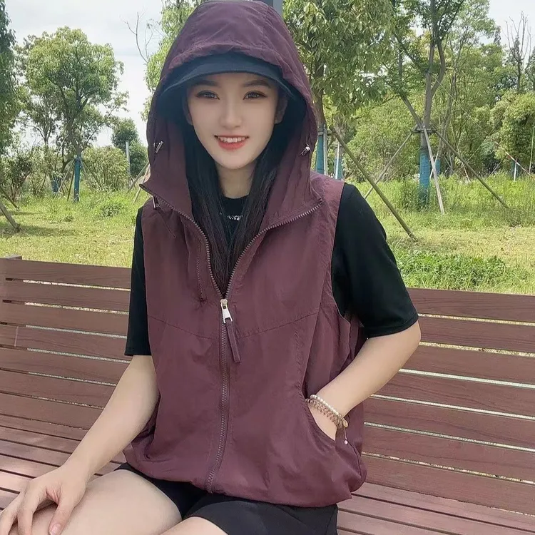 【双拉链】夏季纯色通勤风拉链工字型薄款街头马夹开衫透气连帽纱网