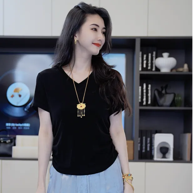 小乖逃X单色新款V领黑色T恤褶皱醋酸T恤净色上衣240455