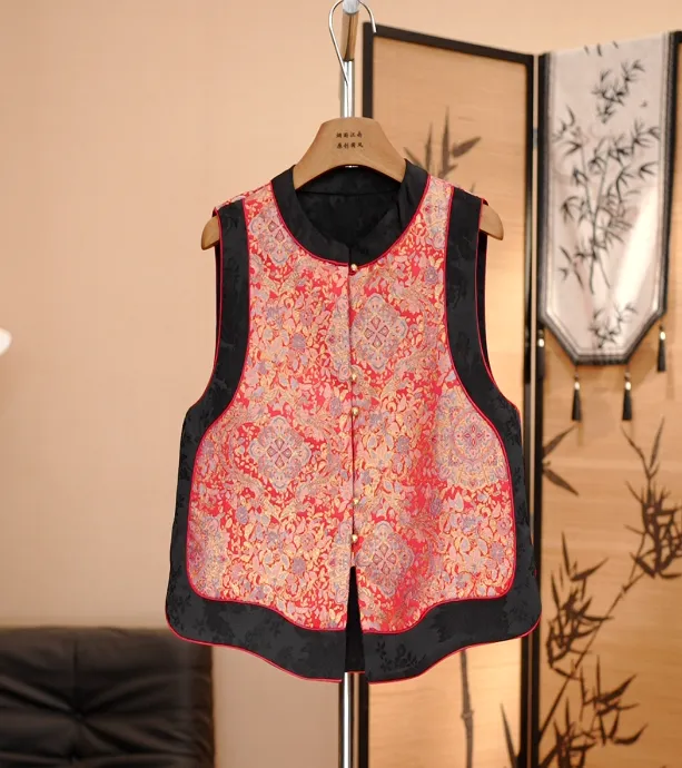 【满山红】新中式国风马甲复古红色唐装立领无袖上衣女背心
