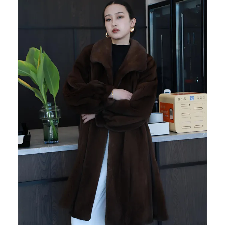 海宁水貂紫金短二天鹅绒气质中长款半抽立翻领长款冬季新款皮草