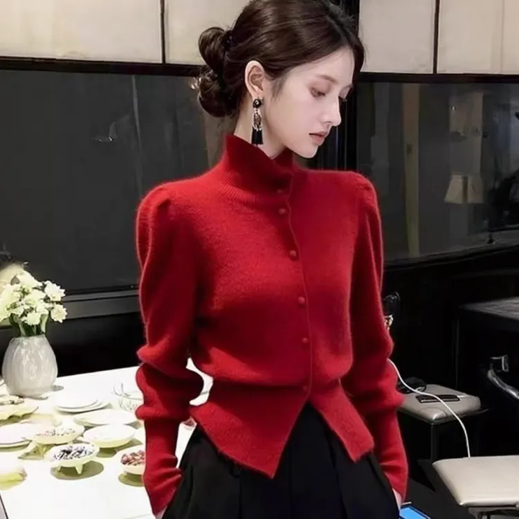 轻奢优雅红色高领修身长袖毛衣针织衫女秋冬季新款百搭百搭上衣女