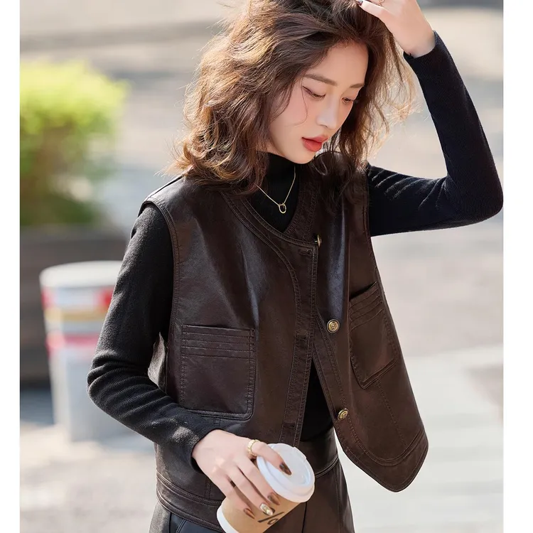 海宁真皮皮马甲女短款秋装新款韩系机车服无袖背心马夹外套上衣潮