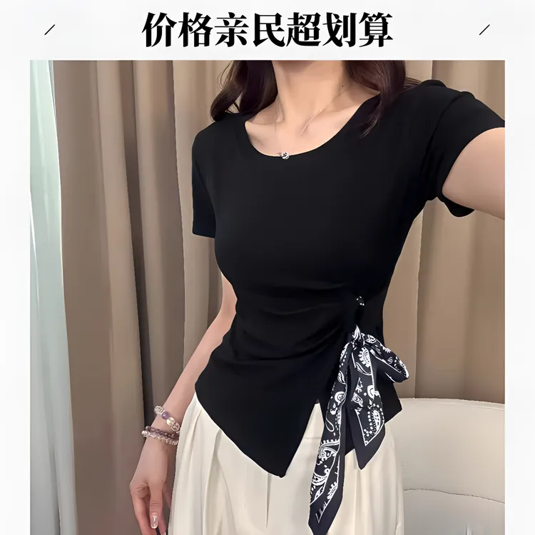 大码胖MM纯欲风美式辣妹简约T恤设计感小众百搭收腰显瘦绑带上衣