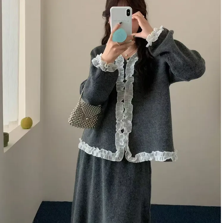 木耳花边拼接针织开衫半身裙两件套女秋冬宽松毛衣一整套时尚穿搭