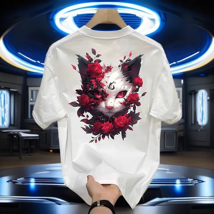 ins短袖T恤-玫瑰猫百搭宽松喜居麦休闲圆领高级感男士男生哪吒t恤