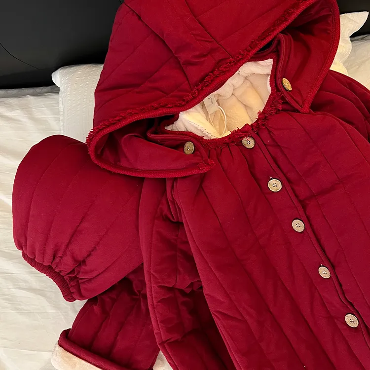 韩版显瘦红色夹棉连帽睡衣复古女秋冬季加绒加厚本命年家居服套装