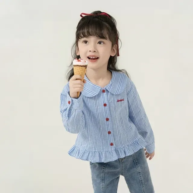 2025新款童装女童春夏装儿童衬衫格纹上衣小女孩娃娃衫衬衣超时尚