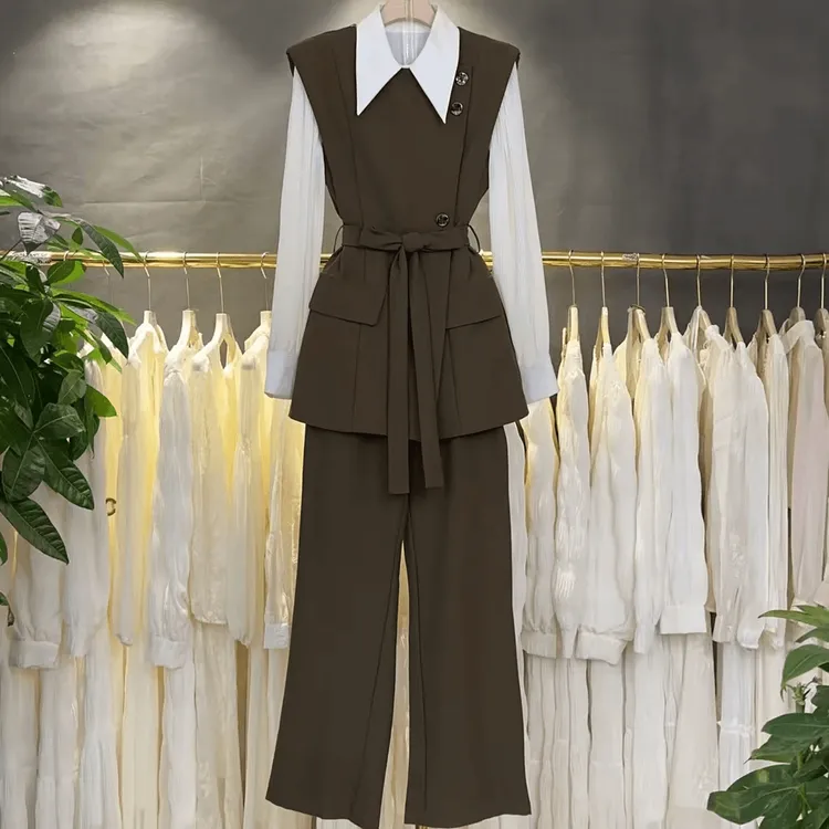 时尚气质套装秋季新款西装显瘦马甲阔腿裤轻奢盐系轻减龄套装女