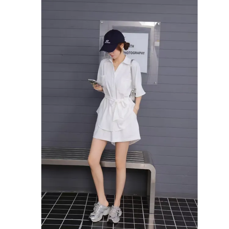 法式老钱风套装女休闲高级感宽松显瘦气质设计感衬衫+短裤带腰带