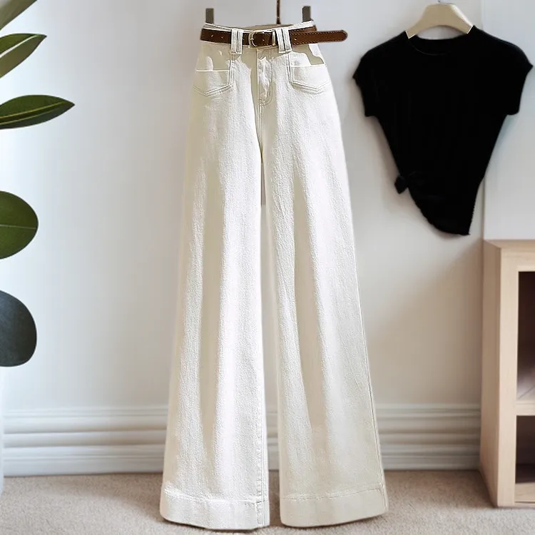 白色阔腿牛仔裤女2025新款高腰时尚气质宽松显瘦百搭喇叭拖地裤子