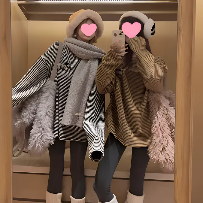 2025新款冬季韩版圆领套头长袖磨毛条纹百搭宽松时尚打底上衣5095