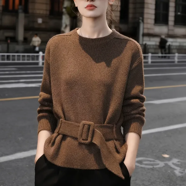 咖色套头长袖毛衣女士秋冬季慵懒风高级感收腰系带打底针织衫上衣
