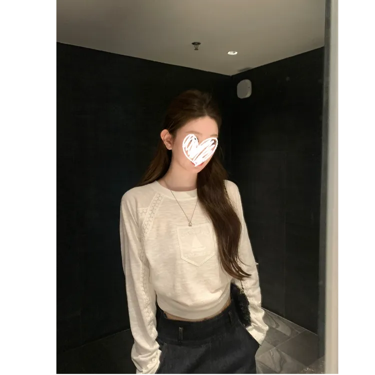 韩系松弛感设计感拼接花边蕾丝白色长袖T恤女#Y553