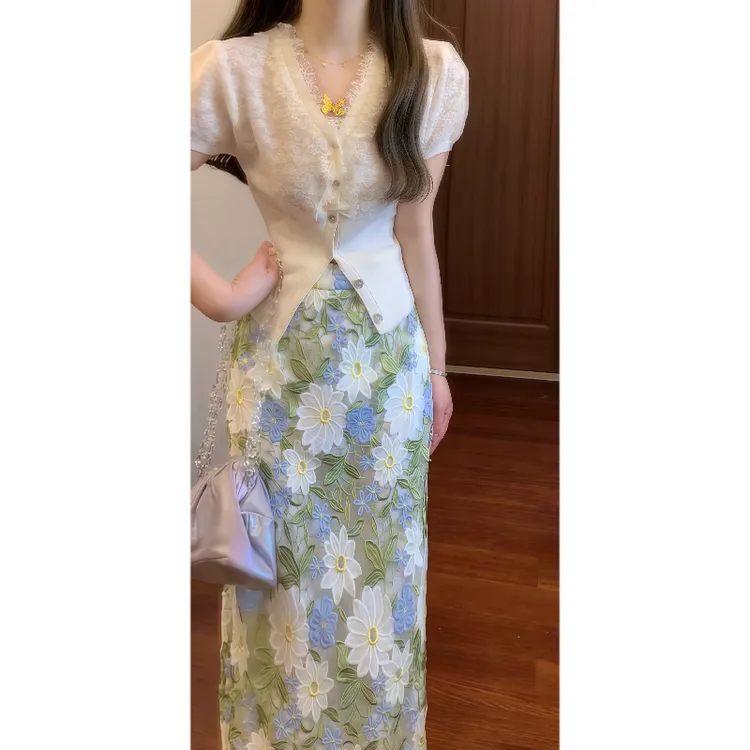 夏季小香风镂空短袖蕾丝拼接针织衫上衣&水溶蕾丝半裙套装裙9276