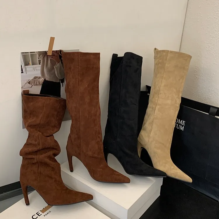 小个子尖头不过膝长靴气质高跟褶皱堆堆靴百搭显瘦细跟高筒靴子