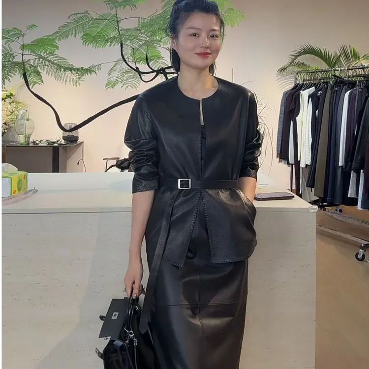 TANTAN 百搭显瘦气质黑色中长款皮衣2451