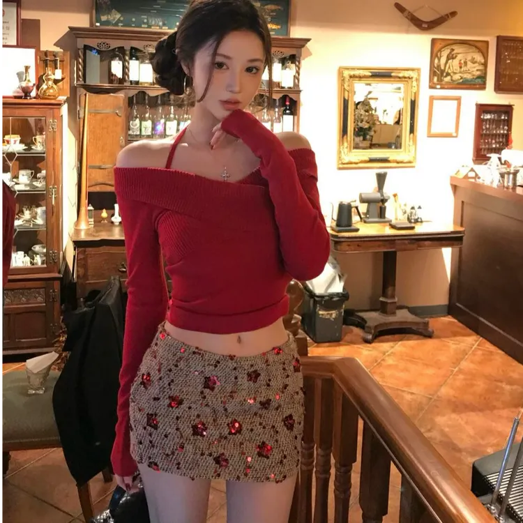 秋冬时尚新款美式辣妹小众设计感圣诞新年红针织上衣显瘦别致裙子