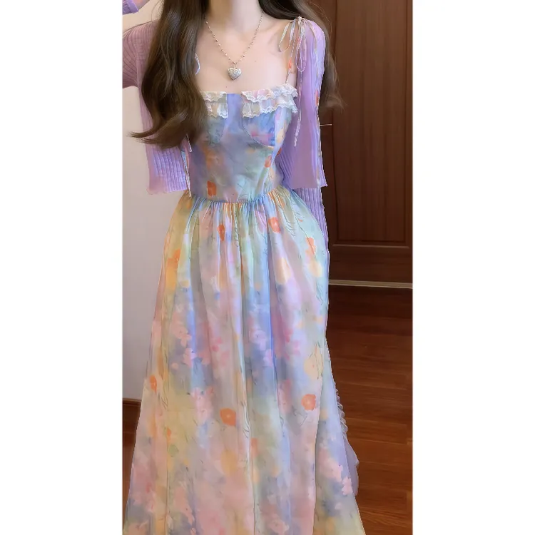 秋季法式温柔绝美超好看晕染吊带连衣裙收腰长裙&针织衫外套9808
