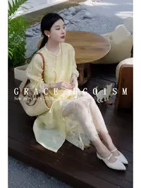 金禾【嫩鹅扶桑】中国风旗袍气质夏季文艺复古圆领旗袍1304