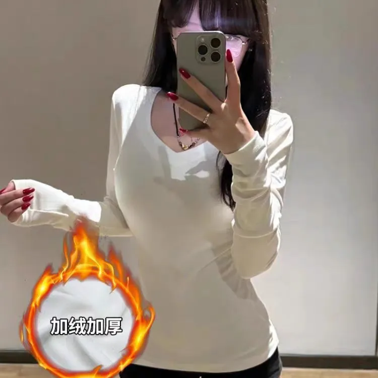 【带运险】大码微胖打底加绒加厚正肩掐腰显瘦V领冬季内搭修身长袖