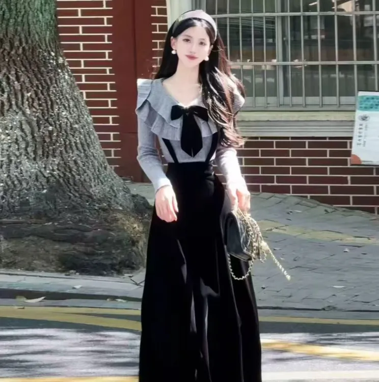 韩国小镇～韩系早秋穿搭荷叶边金丝绒连衣裙女得体针织衫两件套