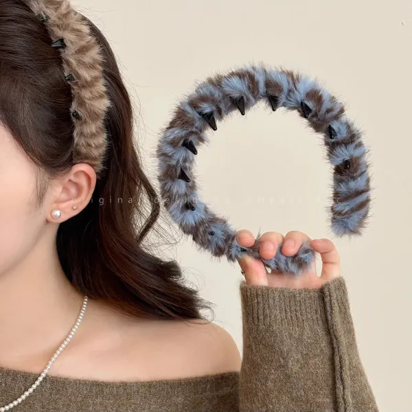 秋冬高颅顶毛绒豹纹带齿防滑发箍女蓬松压发头箍日常外戴时尚发饰