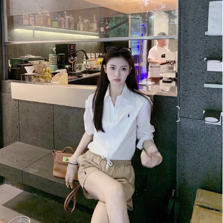 学院风白色polo领长袖衬衫女春秋季韩系宽松显瘦休闲百搭开衫上衣