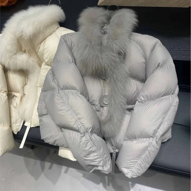 真毛领羽绒服女冬季2025新款小个子高级感短款加厚保暖白鸭绒外套