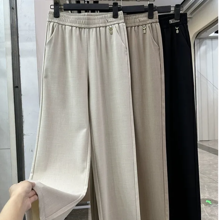 时尚妈妈装高腰直筒麻料休闲裤夏装新款洋气宽松薄款中老年裤子
