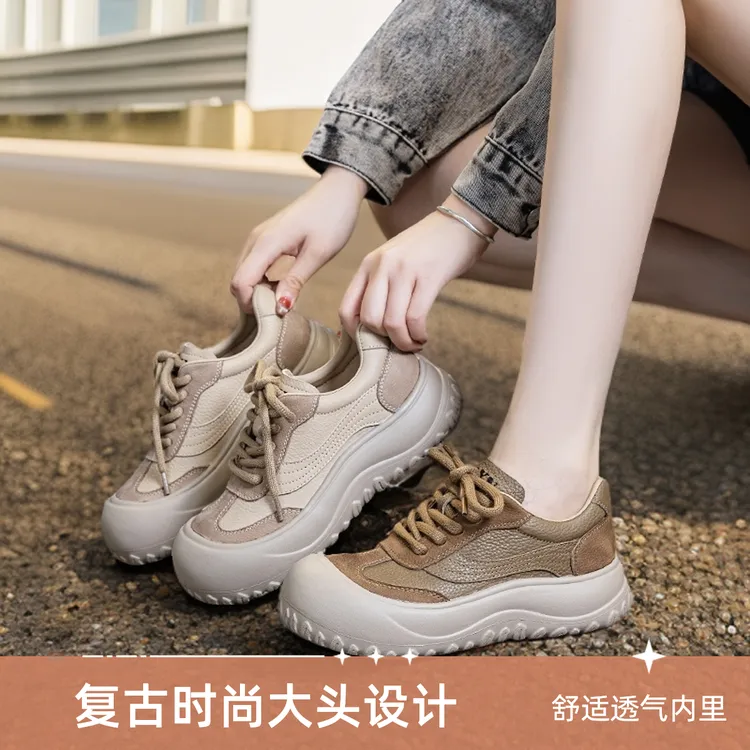 秋季松糕厚底单鞋女小皮鞋板鞋运动鞋真皮大头复古厚底百搭勃肯鞋