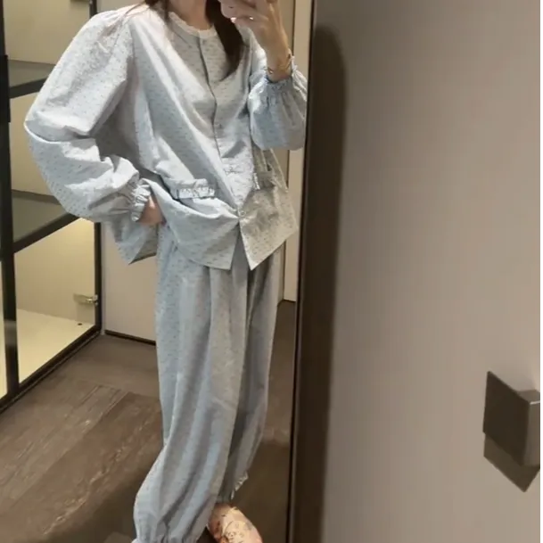 宽松大码小众韩版轻熟风遮肉显瘦女装睡衣长袖长裤慵懒收腰居家服