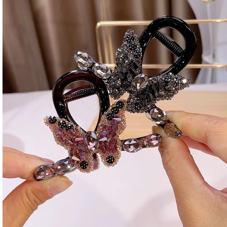 新款韩版蝴蝶结高级感水晶蝴蝶满钻轻奢双面氛围感双带后脑勺抓夹