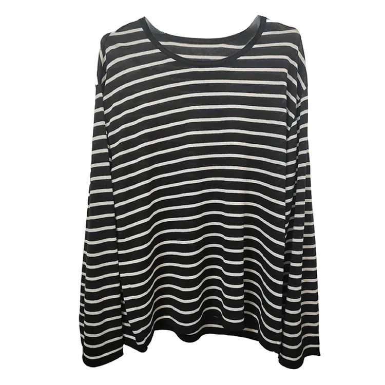 春夏新款亚麻条纹针织T恤衫宽松落肩设计舒适百搭圆领套头上衣溥