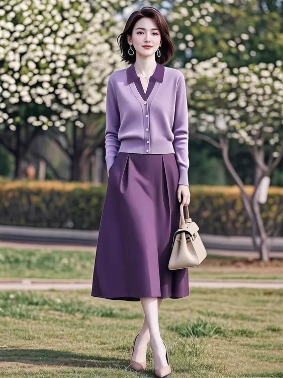 小众设计时尚洋气减龄2025秋季新款紫色假两件毛衣半身裙套装女潮