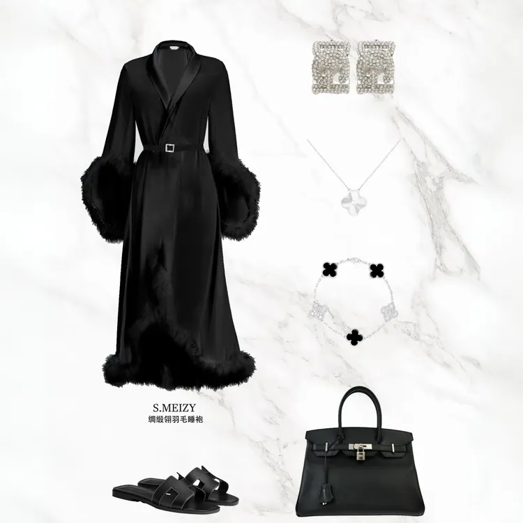 SMeizy【贵妇睡衣】Laperla送腰带法式可拆卸鸵鸟毛缎面醋酸睡衣女