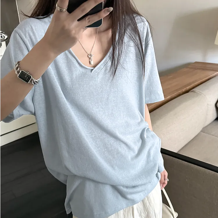 蓝色松弛感V领棉麻短袖t恤女夏季新款设计感卷边宽松慵懒体恤上衣