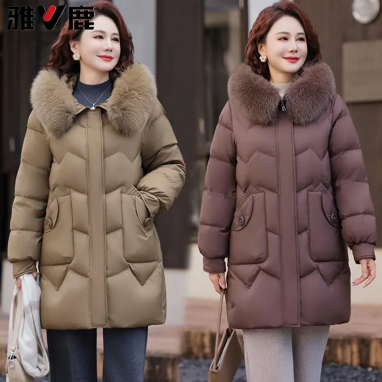 V/雅鹿品牌妈妈羽绒服女中长款2025新款冬装90新国标白鸭绒外套
