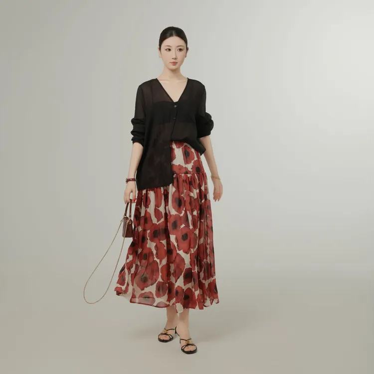 复古港风法式半身裙+纽扣衬衫极简休闲风