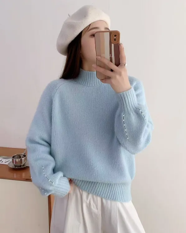 不起球2025年新款半高领针织衫女秋冬季设计感洋气宽松显瘦毛衣