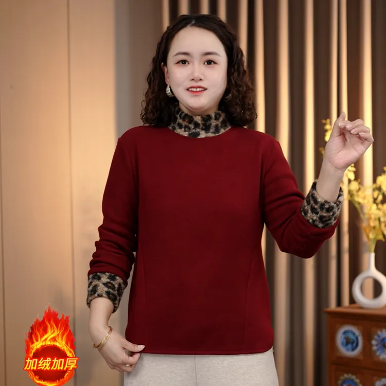 洋气妈妈女时尚打底卫衣拼接开叉加绒加厚保暖宽松长袖冬季豹纹领