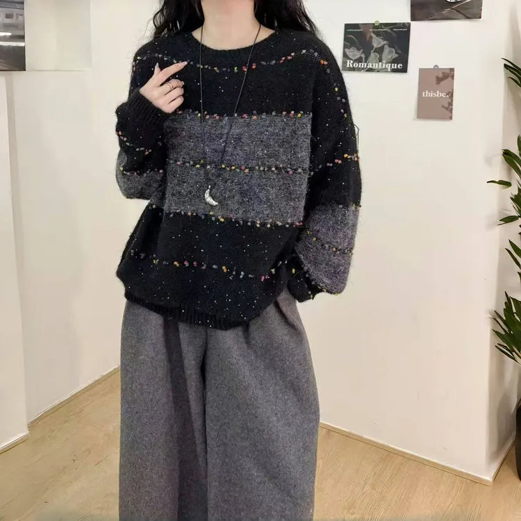 拼色针织短款圆领套头女长袖毛针织衫毛衣休闲韩版提花时尚休闲