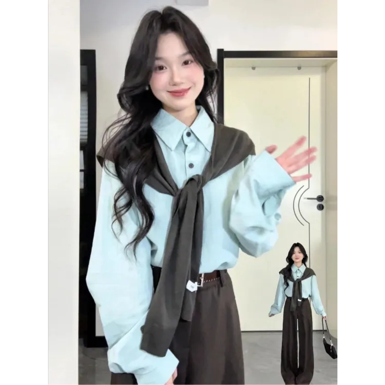 MARIE.COCO韩系小清新超好看独特漂亮披肩衬衫两件套通勤阔腿裤子