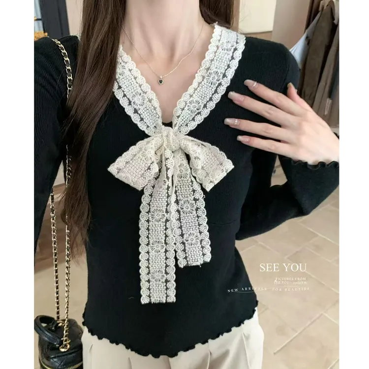 蕾丝修身法式蝴蝶结打底衫女毛衣内搭秋季灰色针织衫上衣A10171